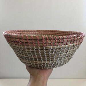 Vintage Brown Basket with Pink and White Details, 1970s Boho Decor